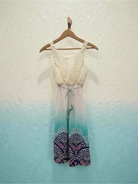 paper doll‎ Cream to Teal Ombre Maxi Dress with Patterned Hem